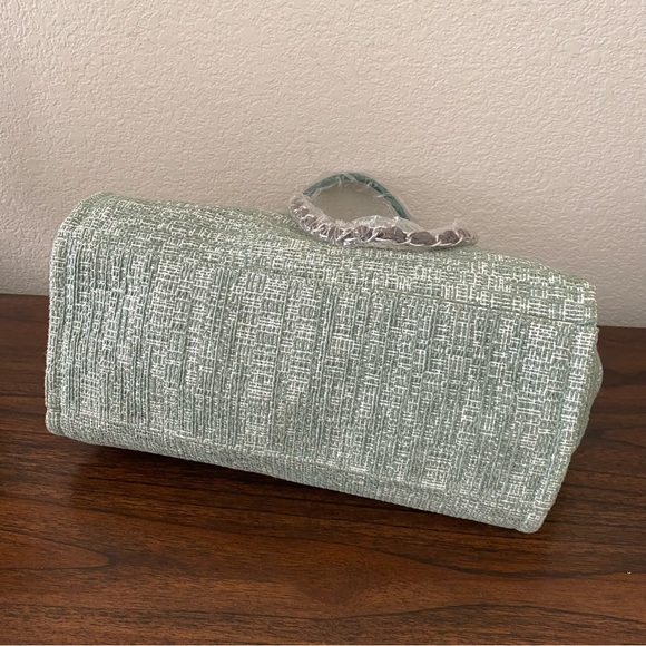 Green Brown Tweed Mixed Fiber Shopper Tote Bag w/ Chain Shoulder Strap C6 - Picture 5 of 16